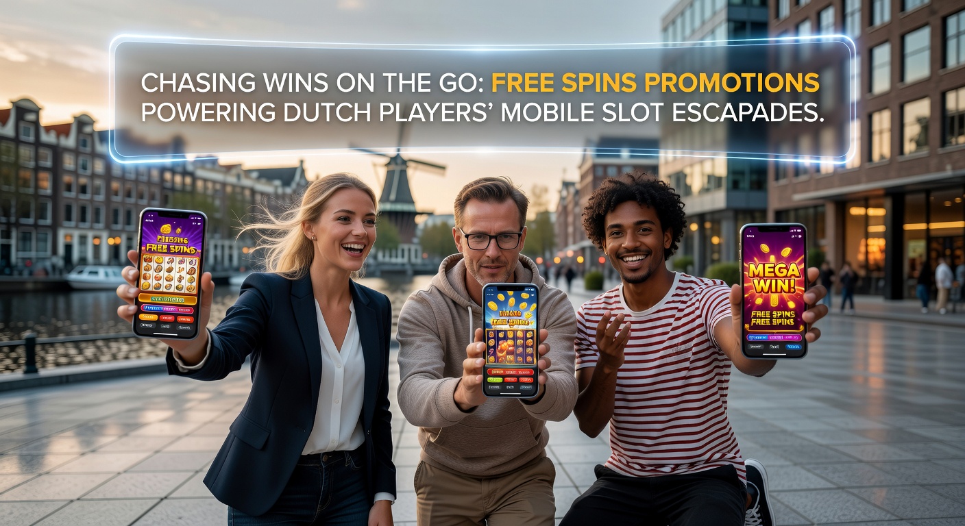 Speler geniet van gratis spins op mobiele slots tijdens een reis, met Nederlandse vlag op de achtergrond