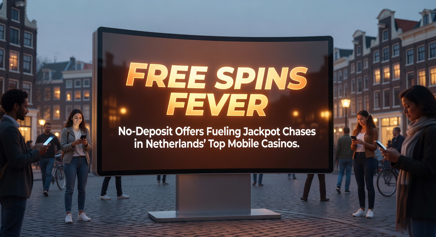 Jackpot win scherm op mobiel casino app met confetti effecten en no-deposit bonus balk, illustrerend succesvolle gratis spins sessie in Nederland