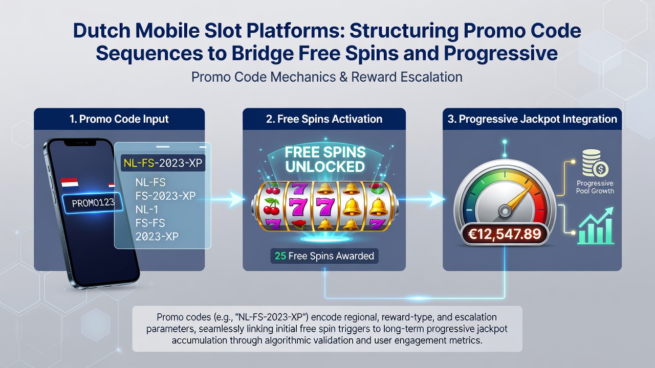 Technische weergave van promo code sequenties die free spins verbinden met progressieve jackpot triggers