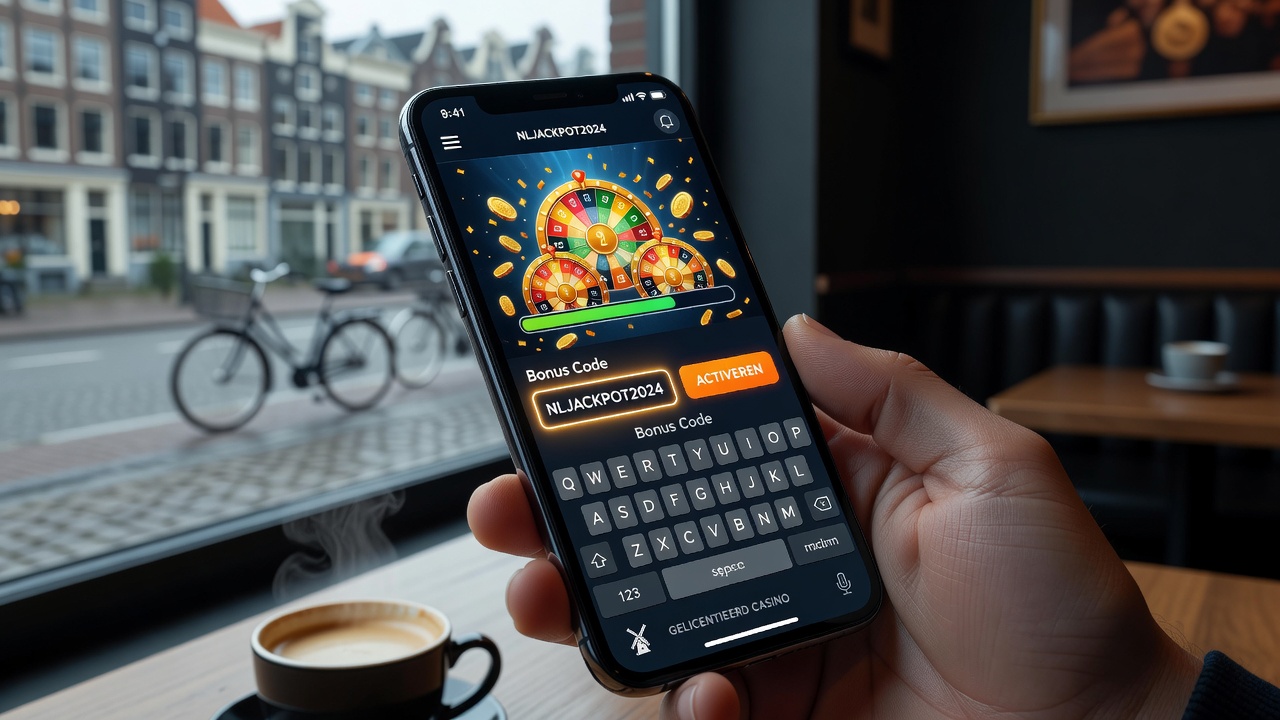 Mobiele app interface met jackpot features en ingevoerde bonuscode