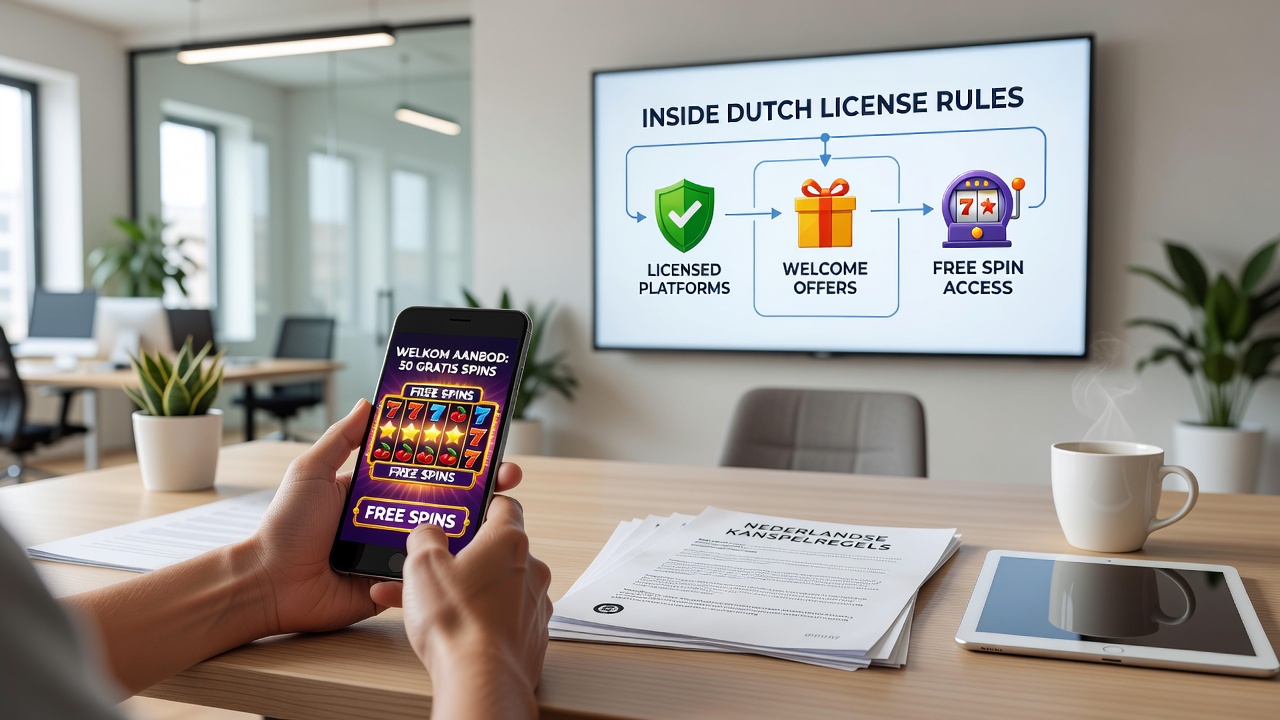 Weergave van mobiele slot interface met welkomstbonus en free spins op een Nederlands gelicentieerd platform