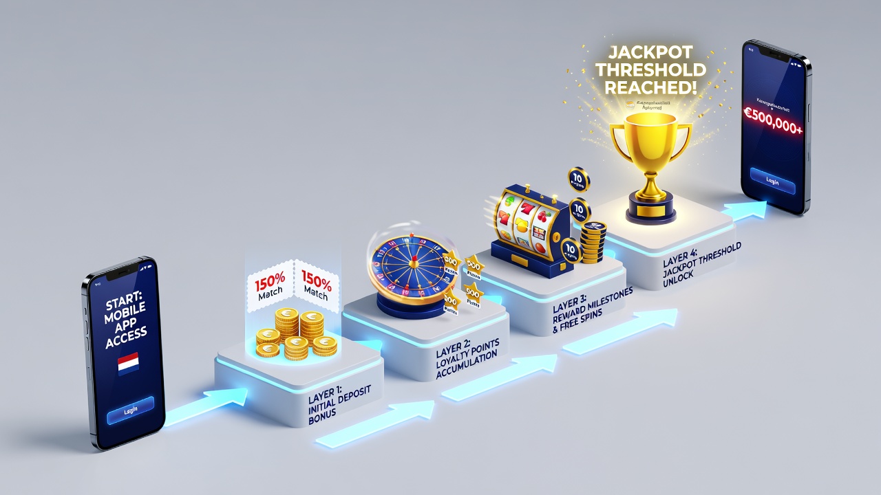 Speler die mobiele casino app gebruikt met zichtbare jackpot meter en bonus voortgang indicatoren