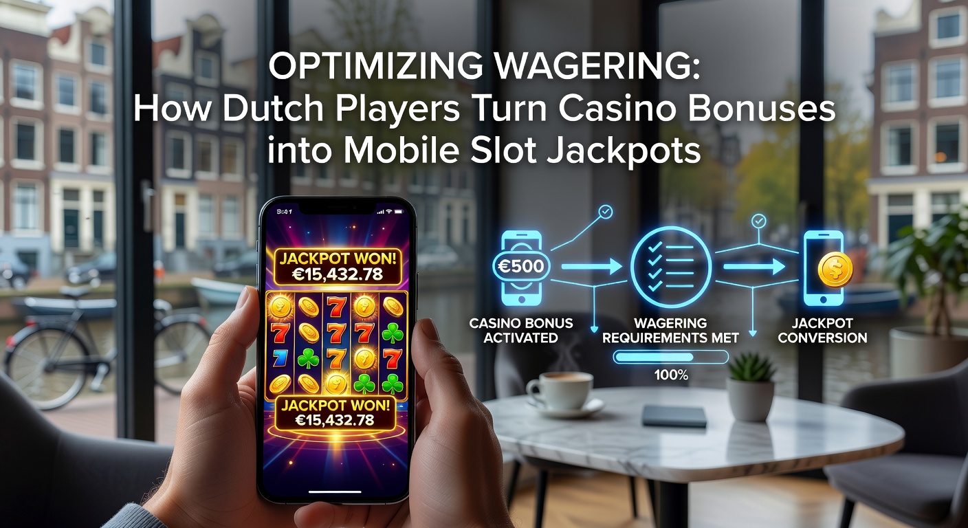 Nederlandse speler viert jackpotwinst op mobiele slot met casino bonus in de achtergrond, symboliserend succesvolle wagering optimalisatie